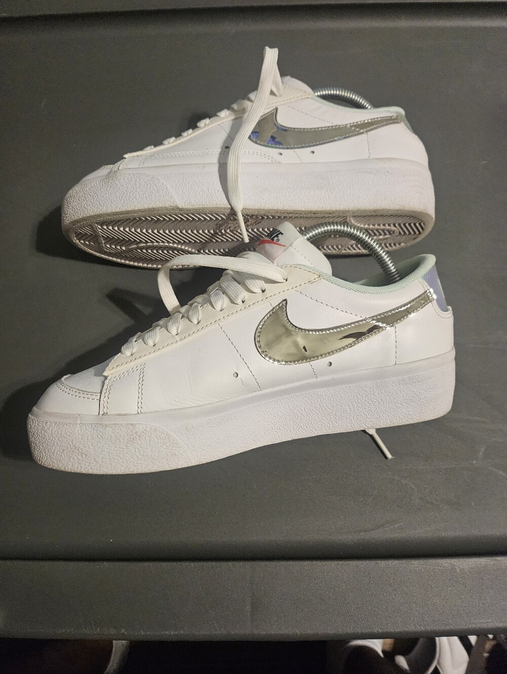 White Platform Sneakers with Metallic Swoosh - Women